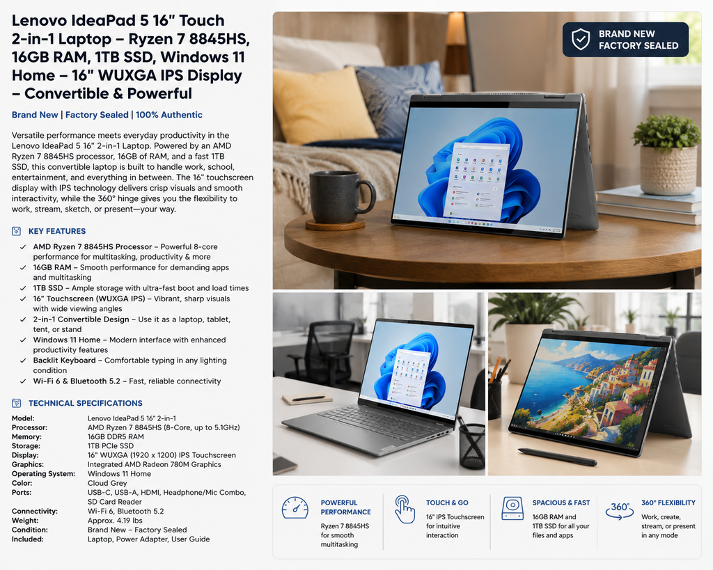 Lenovo IdeaPad 5 16" Touchscreen 2-in-1 Laptop | Ryzen 7 8845HS | 16GB RAM | 1TB SSD