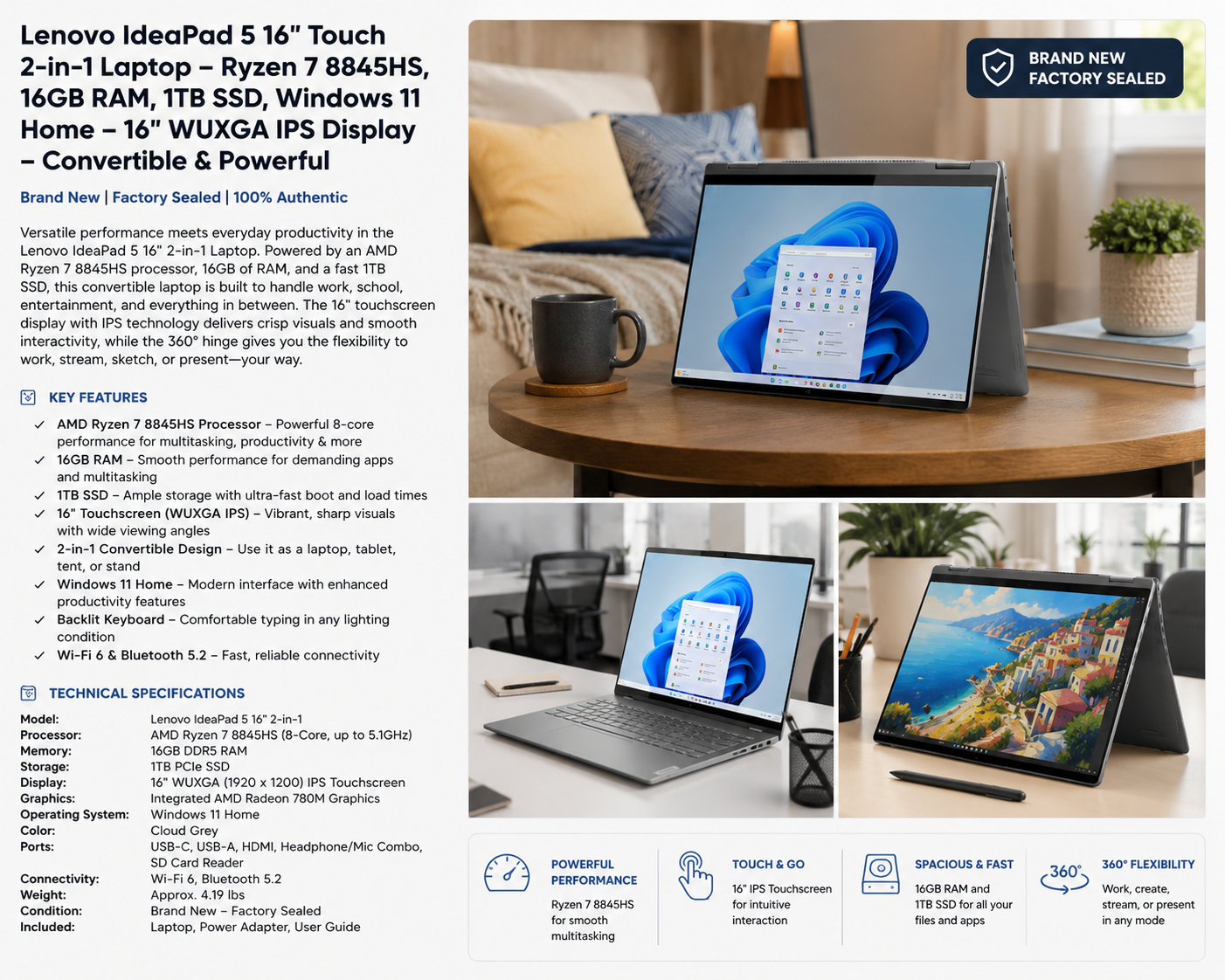 Lenovo IdeaPad 5 16" Touchscreen 2-in-1 Laptop | Ryzen 7 8845HS | 16GB RAM | 1TB SSD